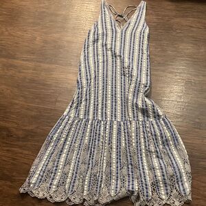 By Anthropologie Blue and White Tiered Crochet Hem Dress